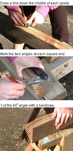 cut and mark the angle cuts at the square ends of the spokes